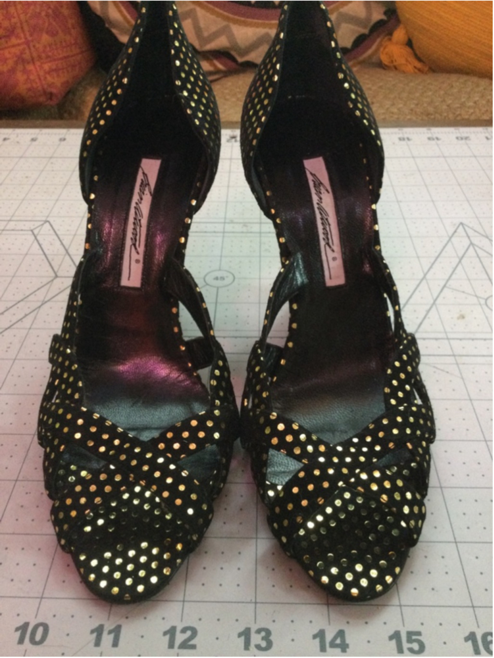 Women's Brian Atwood Black Gold Polka Dot Wedge Heels Size 8.5